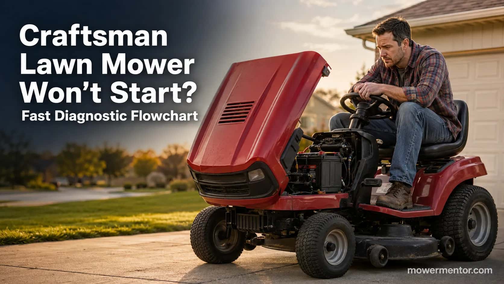 Craftsman riding lawn mower with the hood raised for a won't-start diagnosis.