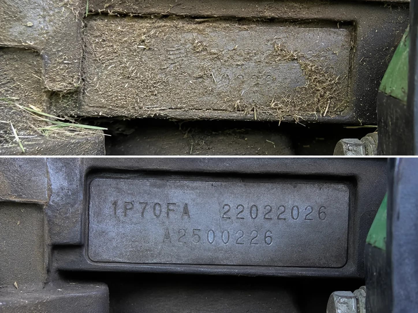 Representative illustration of a Craftsman M220 engine identification plate before and after cleaning, showing dried grass and dust removed to reveal stamped serial markings.