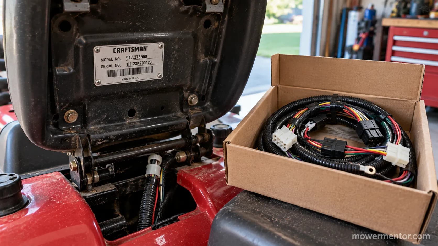 Craftsman model-number tag under the seat used to order the correct wiring harness.