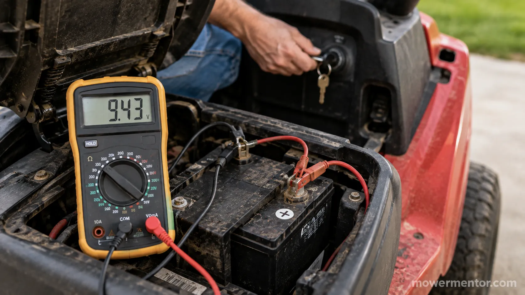 Multimeter showing a Craftsman mower battery voltage under crank