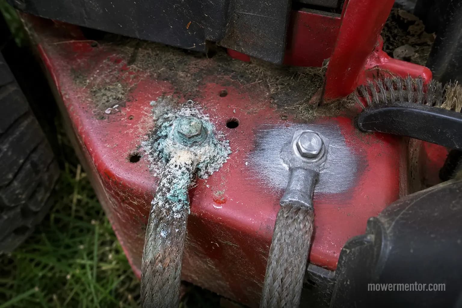 Corroded ground strap on a Craftsman mower frame next to a section cleaned to bright metal.