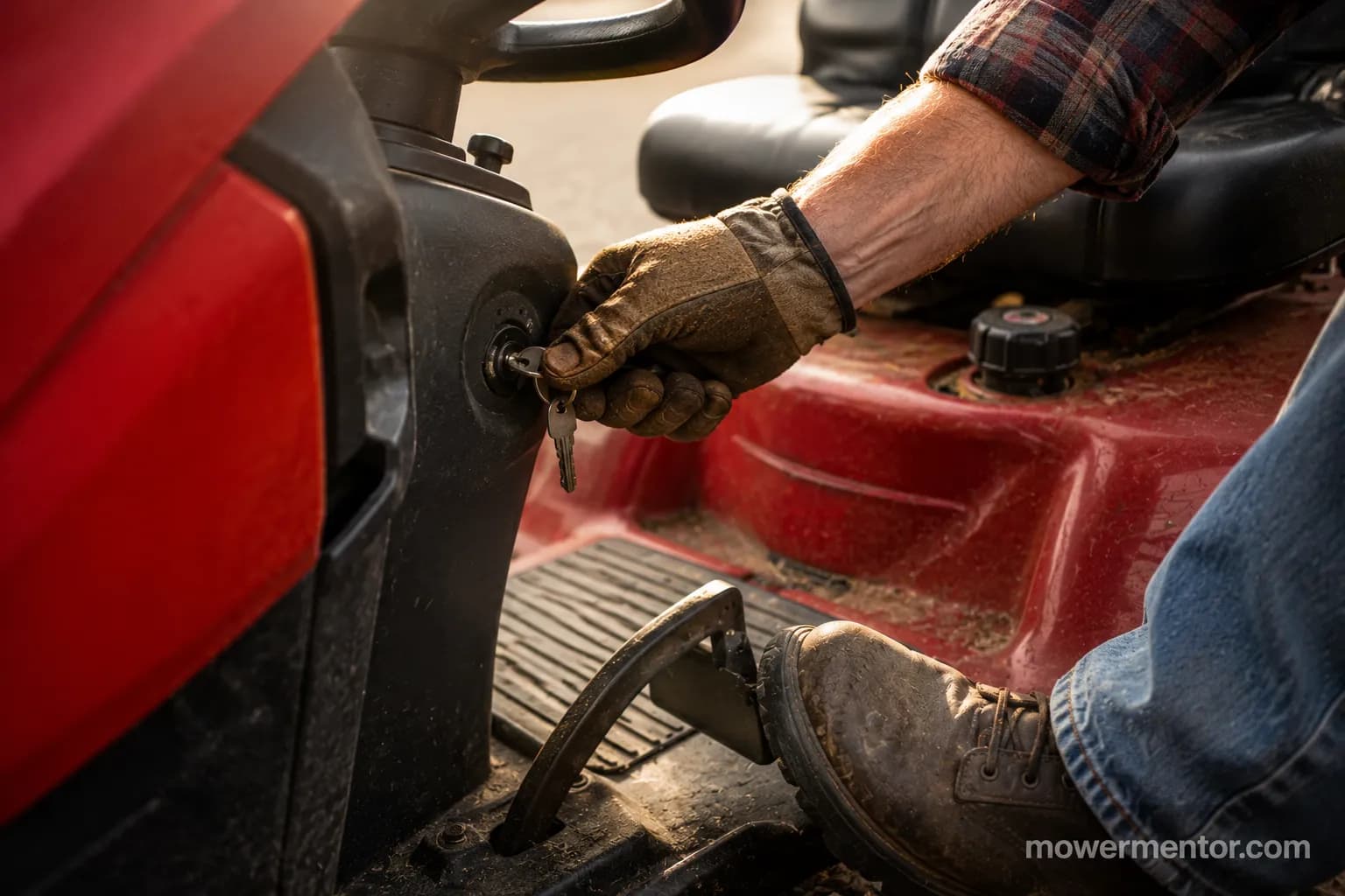Hand turning the key on a Craftsman riding mower with the parking brake set.