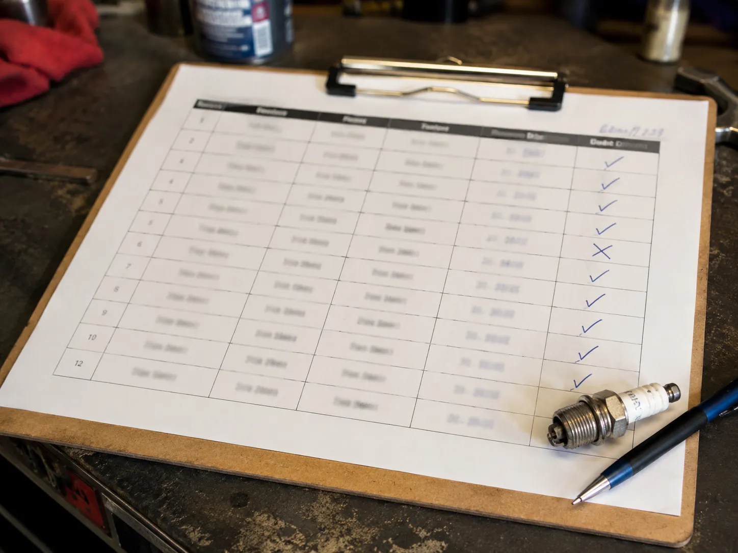 Printed mower fitment log on a clipboard with checkmarked rows, a pen and spark plug holding the page on a workshop bench, documenting engine identification and tune-up kit selection.