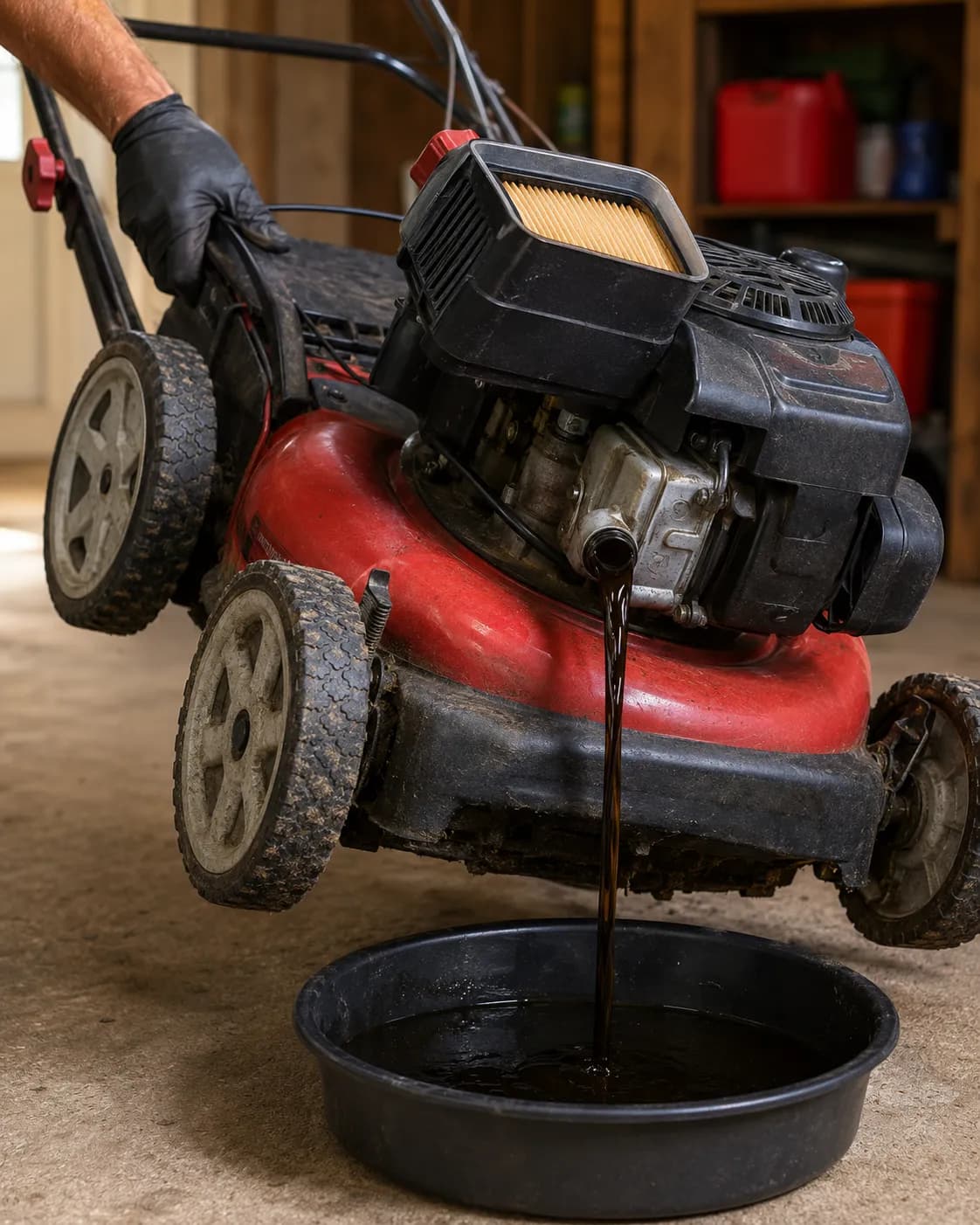 Craftsman push mower tilted with the air filter facing up while dark used engine oil drains from the oil fill tube into a catch pan during an oil change.