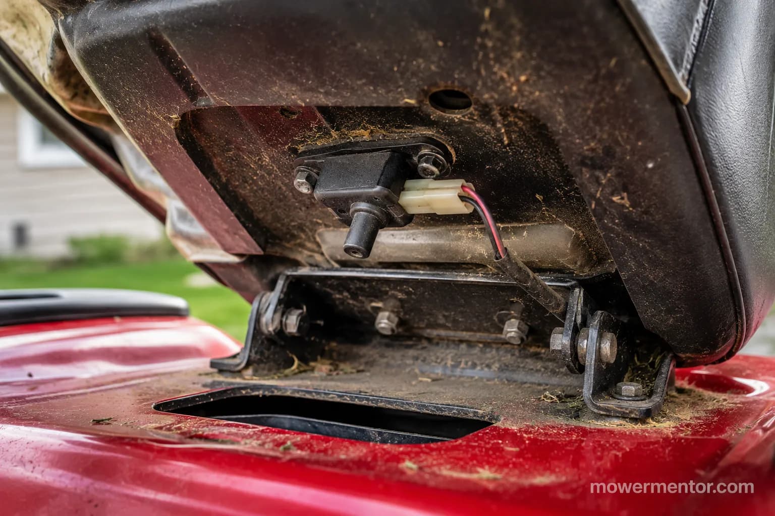 Seat safety switch under the seat pan of a Craftsman riding mower.
