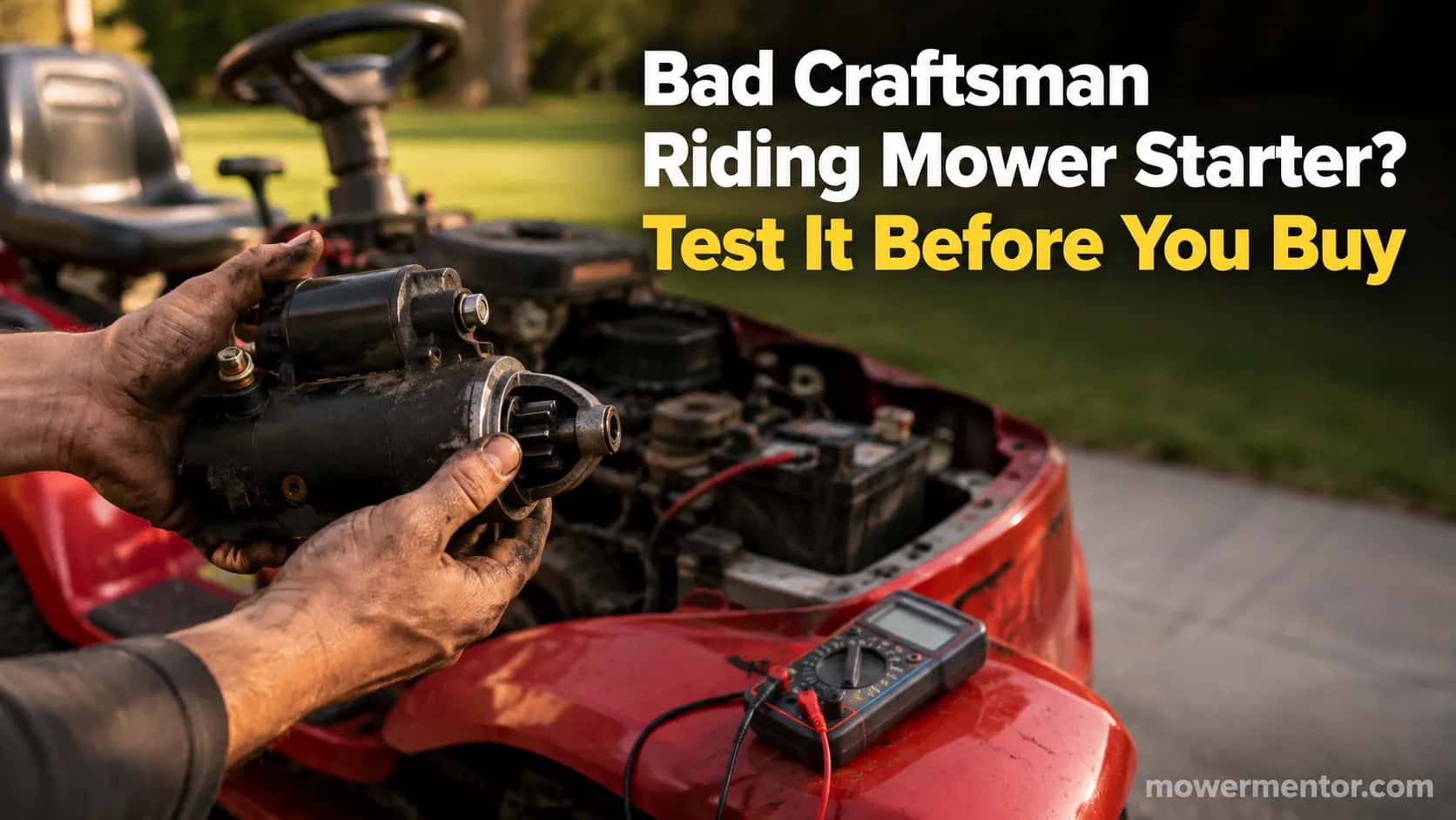 Bad Craftsman riding mower starter being tested and removed before buying a replacement.