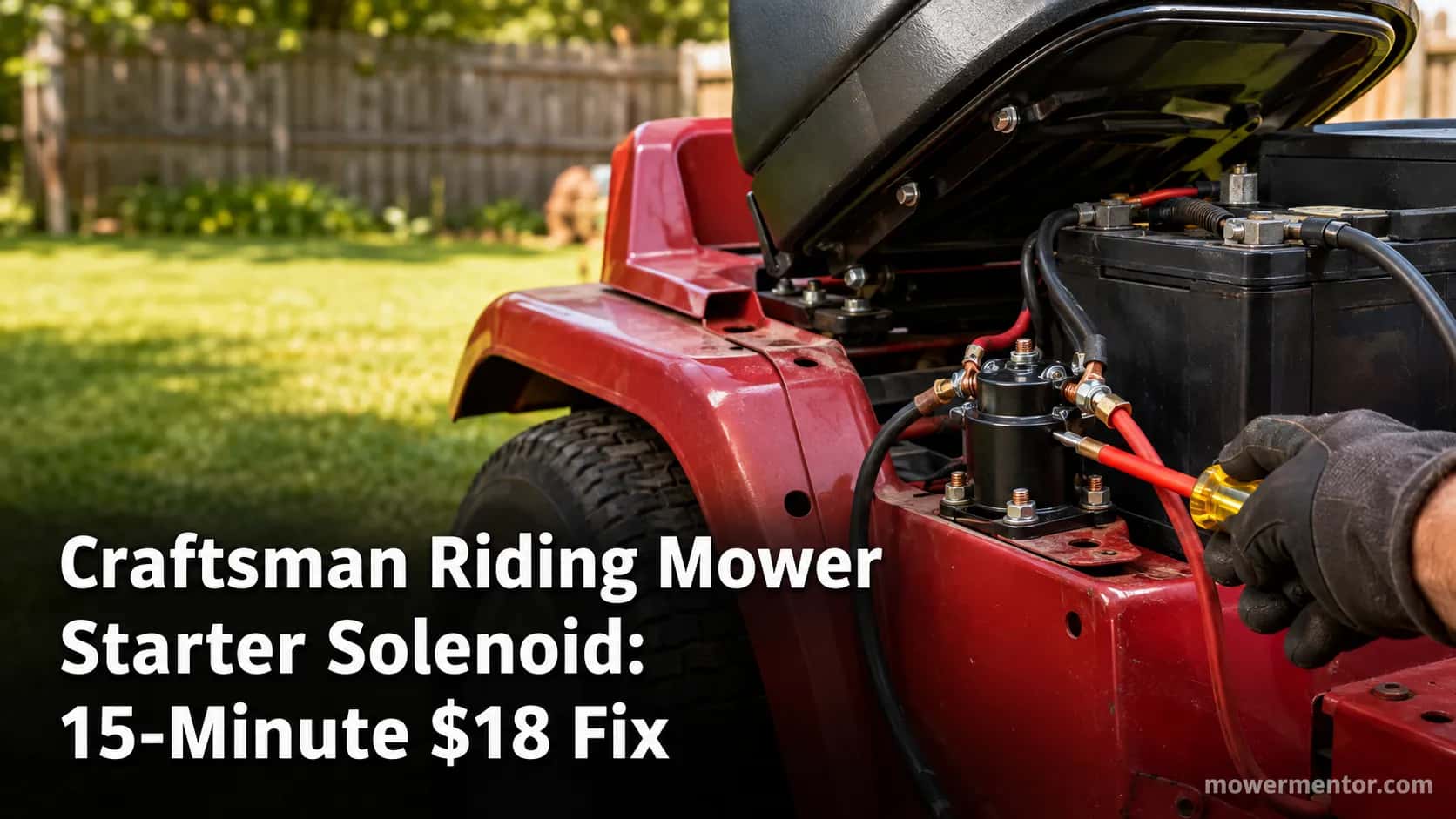 Testing the starter solenoid on a red Craftsman riding mower with an insulated screwdriver before replacing it.