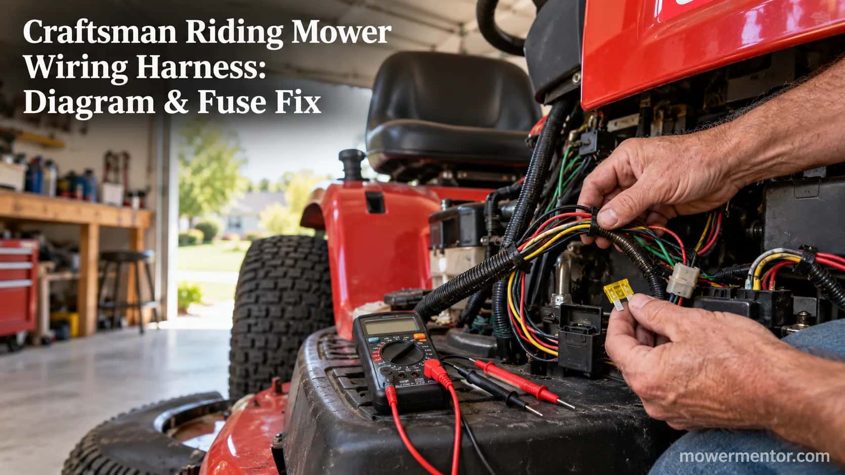 Hands repairing a Craftsman riding mower wiring harness with a multimeter and a pulled fuse on the deck.