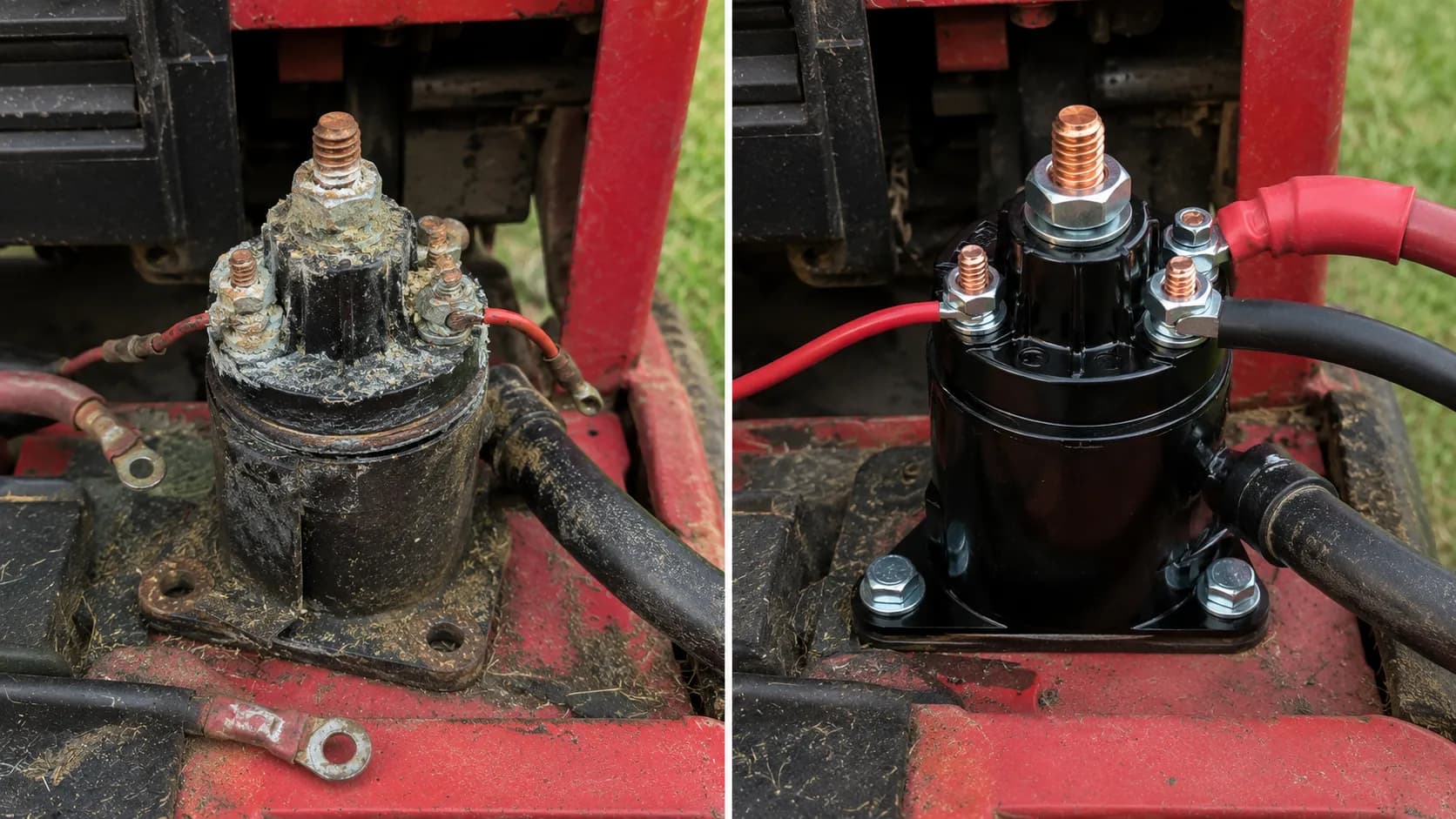 Corroded old Craftsman starter solenoid beside a clean new solenoid bolted into the mower frame.