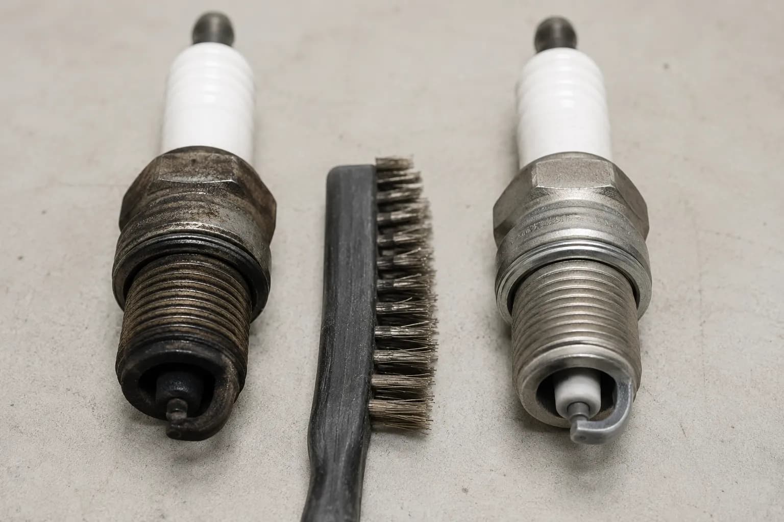 Before and after comparison of a carbon-fouled Craftsman lawn mower spark plug cleaned with a wire brush, showing the electrode before cleaning and after removing carbon deposits.