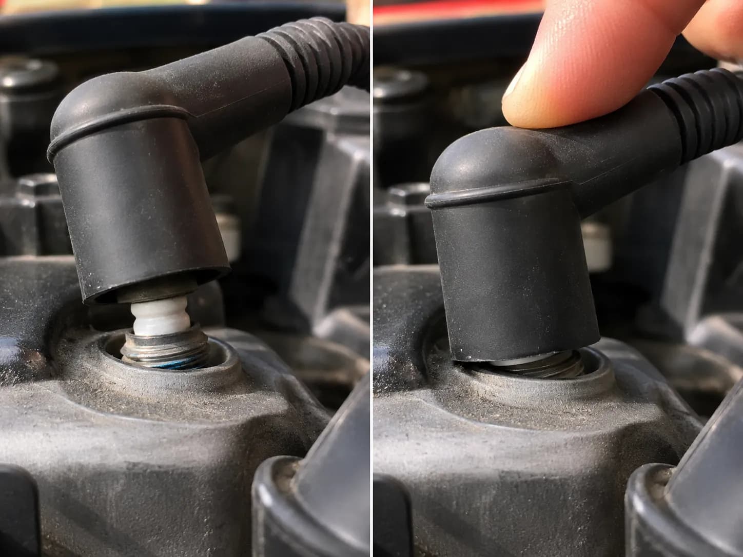 Close-up comparison showing a Craftsman lawn mower spark-plug boot half-seated with a visible gap versus fully clicked and seated flush on the spark plug.