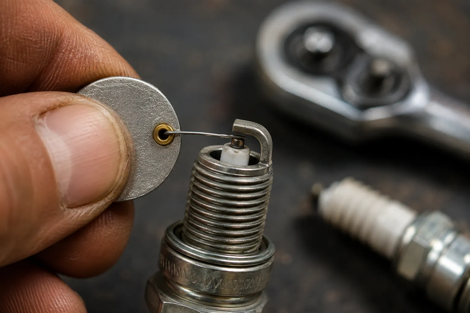 Wire-style spark plug gap gauge measuring a Craftsman lawn mower spark plug electrode gap set to 0.030 inch.