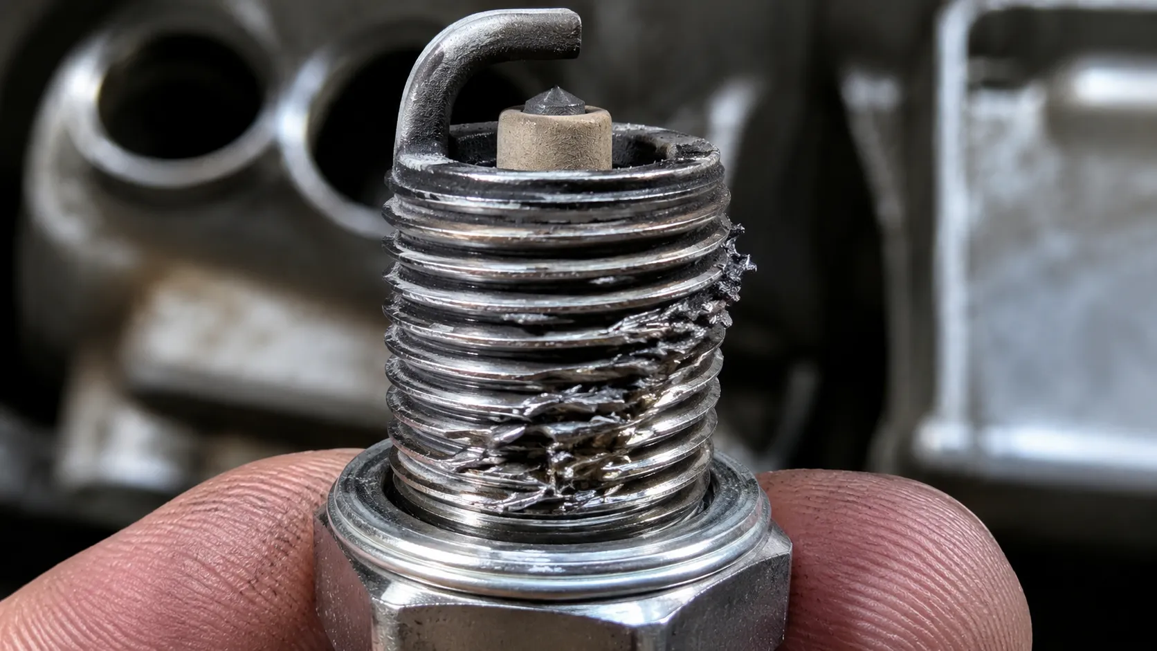 Macro close-up of a cross-threaded spark plug with slanted, chewed threads and metal burrs, held in fingers against a blurred engine background to illustrate installation damage.