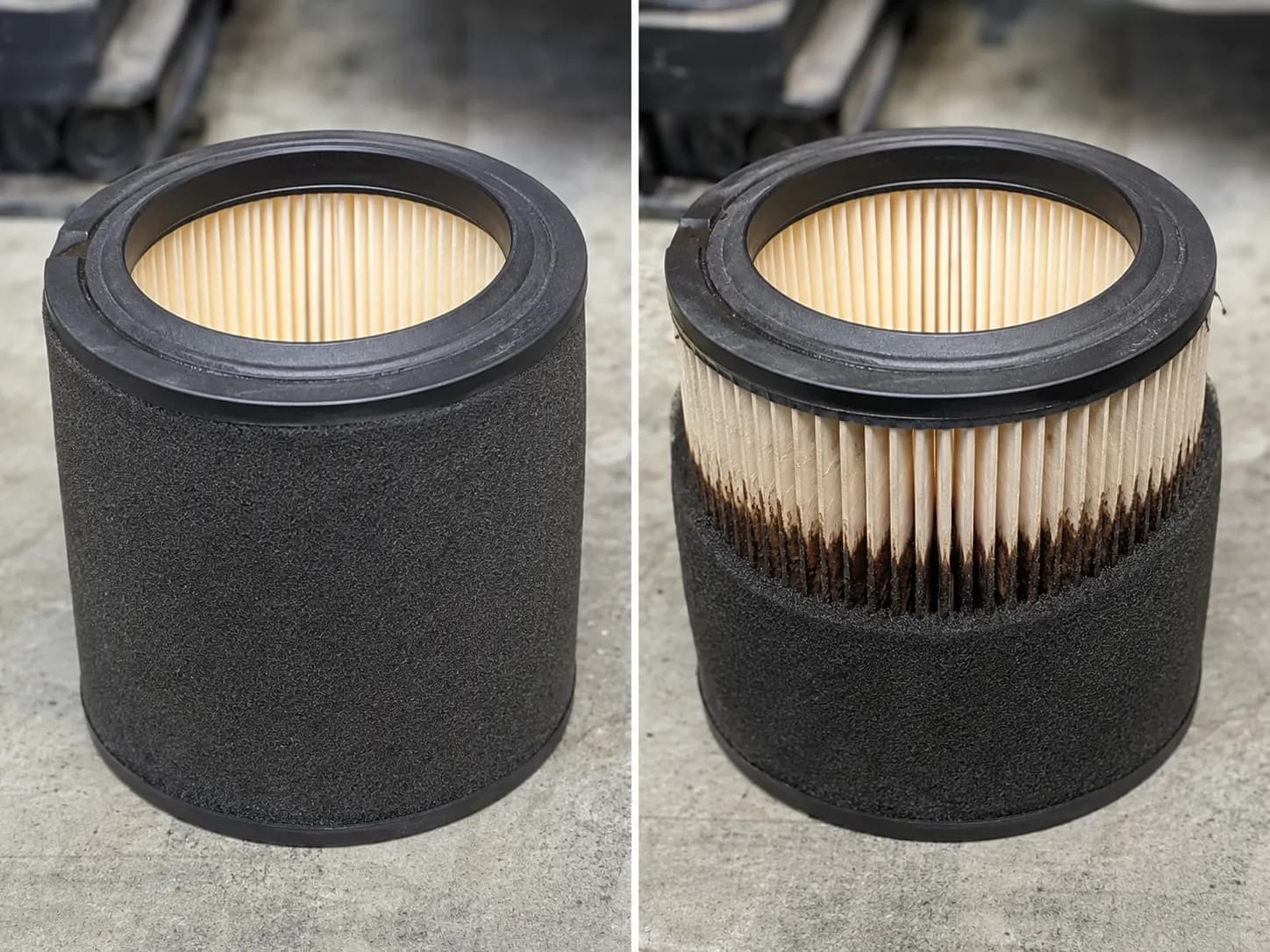 Cub Cadet dual-element air filter correctly assembled on March 14, 2026, compared with the same filter after a 40-minute reversed run showing an oil ring transferred onto the pleated paper.