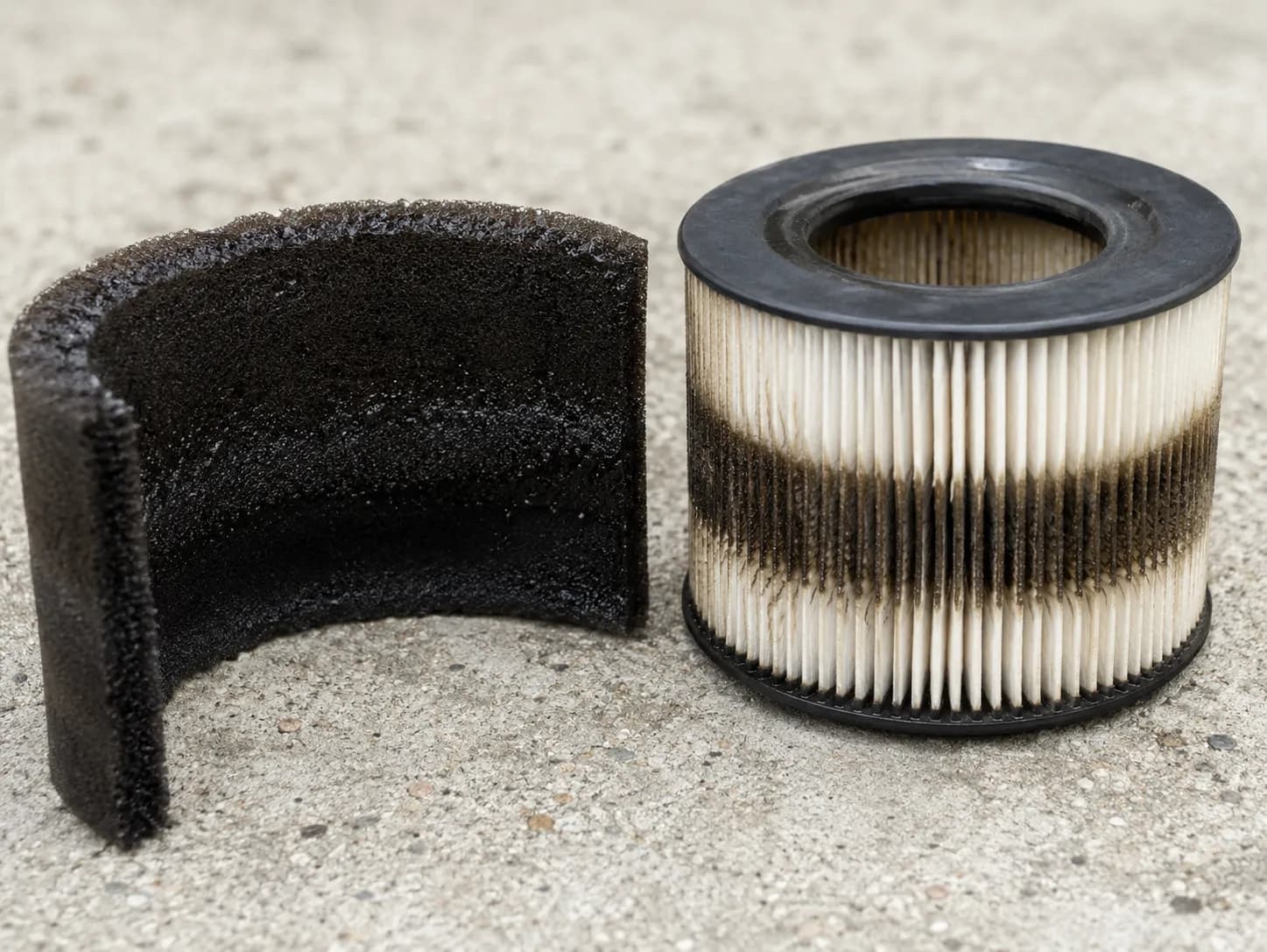 Over-oiled Cub Cadet foam pre-cleaner laid beside paper air filter cartridge, showing a dark oil ring covering about one-third of the cartridge face.