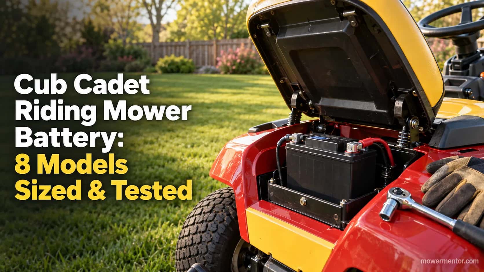 Cub Cadet riding mower with the seat tipped up showing a new U1 battery in the tray