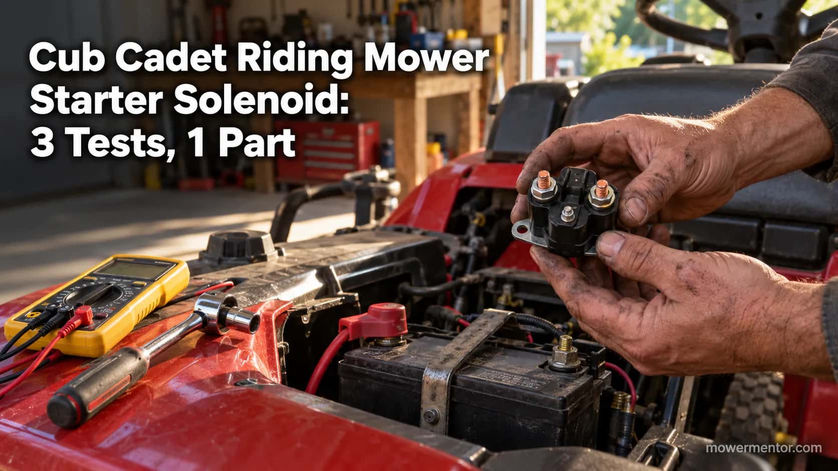 Hands holding a Cub Cadet riding mower starter solenoid above the mower battery compartment.