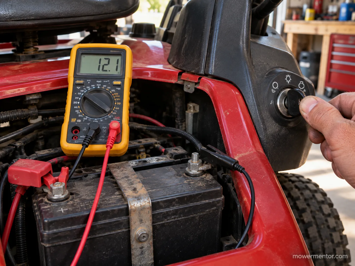 Multimeter reading 12.1 volts on a Cub Cadet riding mower battery during a no-crank click.