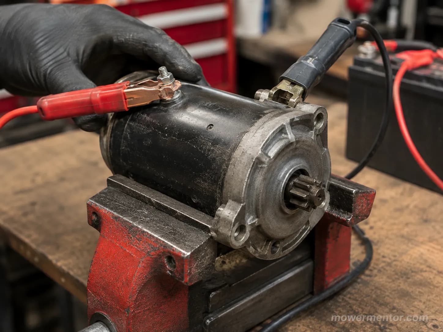 Bench-testing a Cub Cadet riding mower starter with a 12-volt jumper lead and a gloved hand.