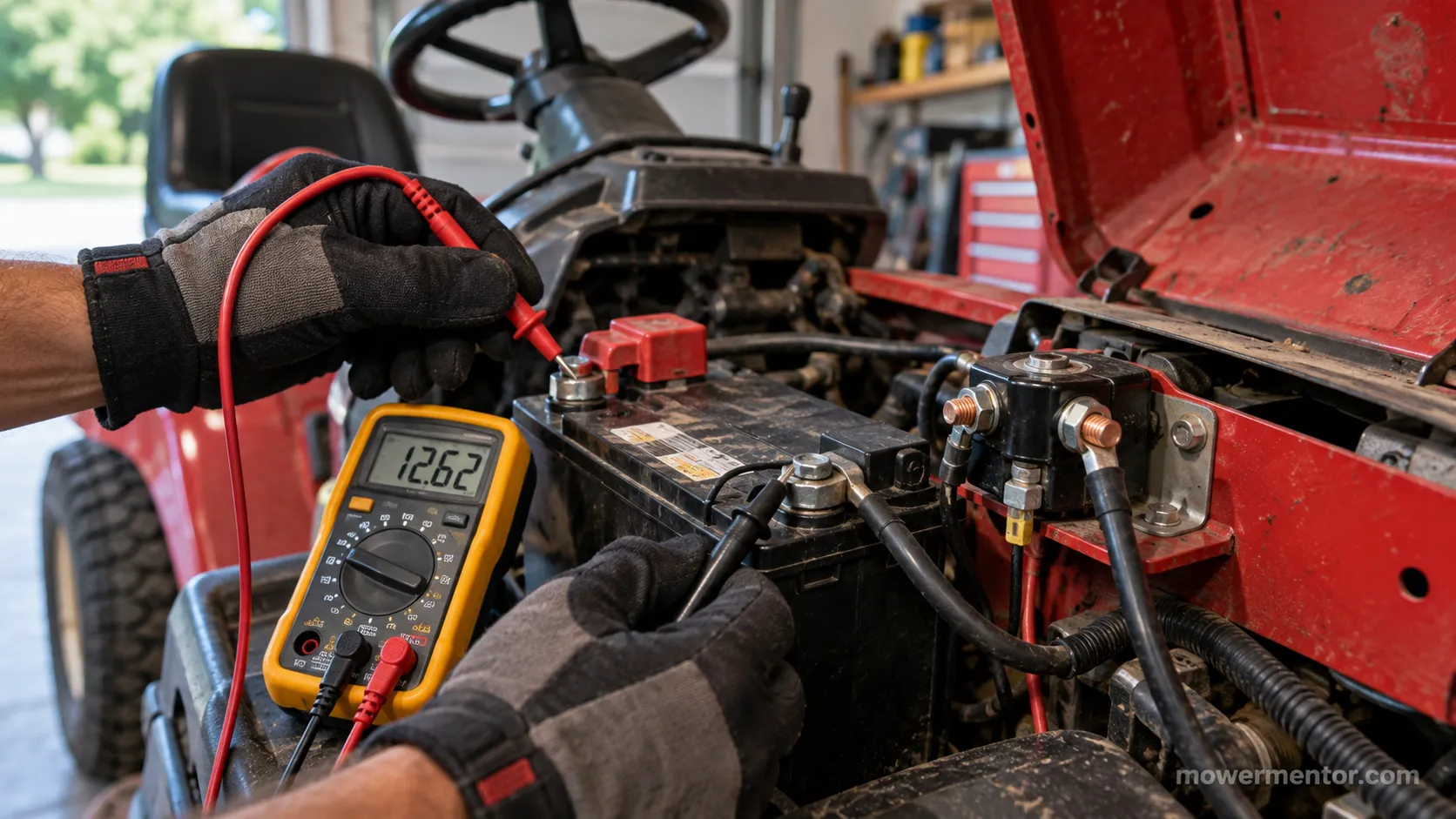 Testing whether a Cub Cadet no-start is the starter, solenoid, or battery with a multimeter at the terminals.