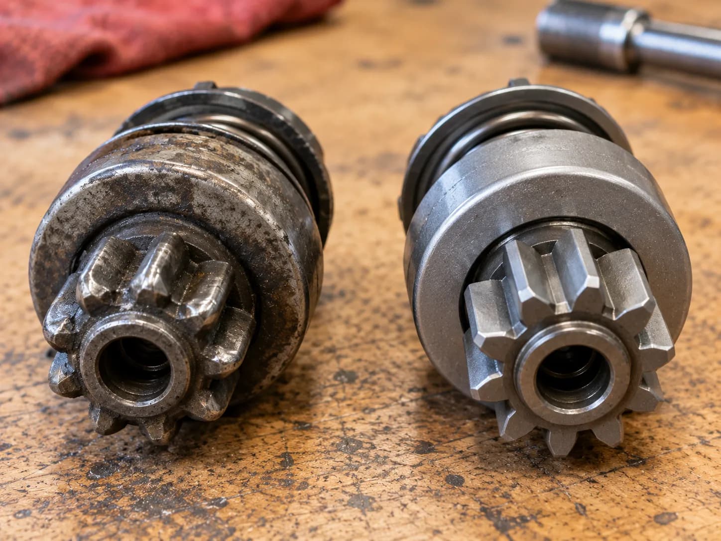 Worn rounded bendix gear next to a new sharp one, showing why a Cub Cadet starter spins but won't engage.