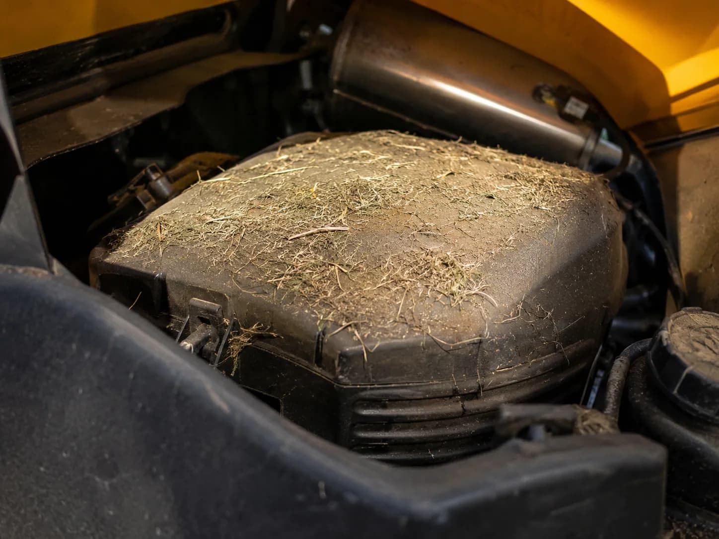 Dried grass clippings and fine dust on the Cub Cadet XT1 air cleaner cover before opening, showing debris buildup beneath the mower hood during maintenance.