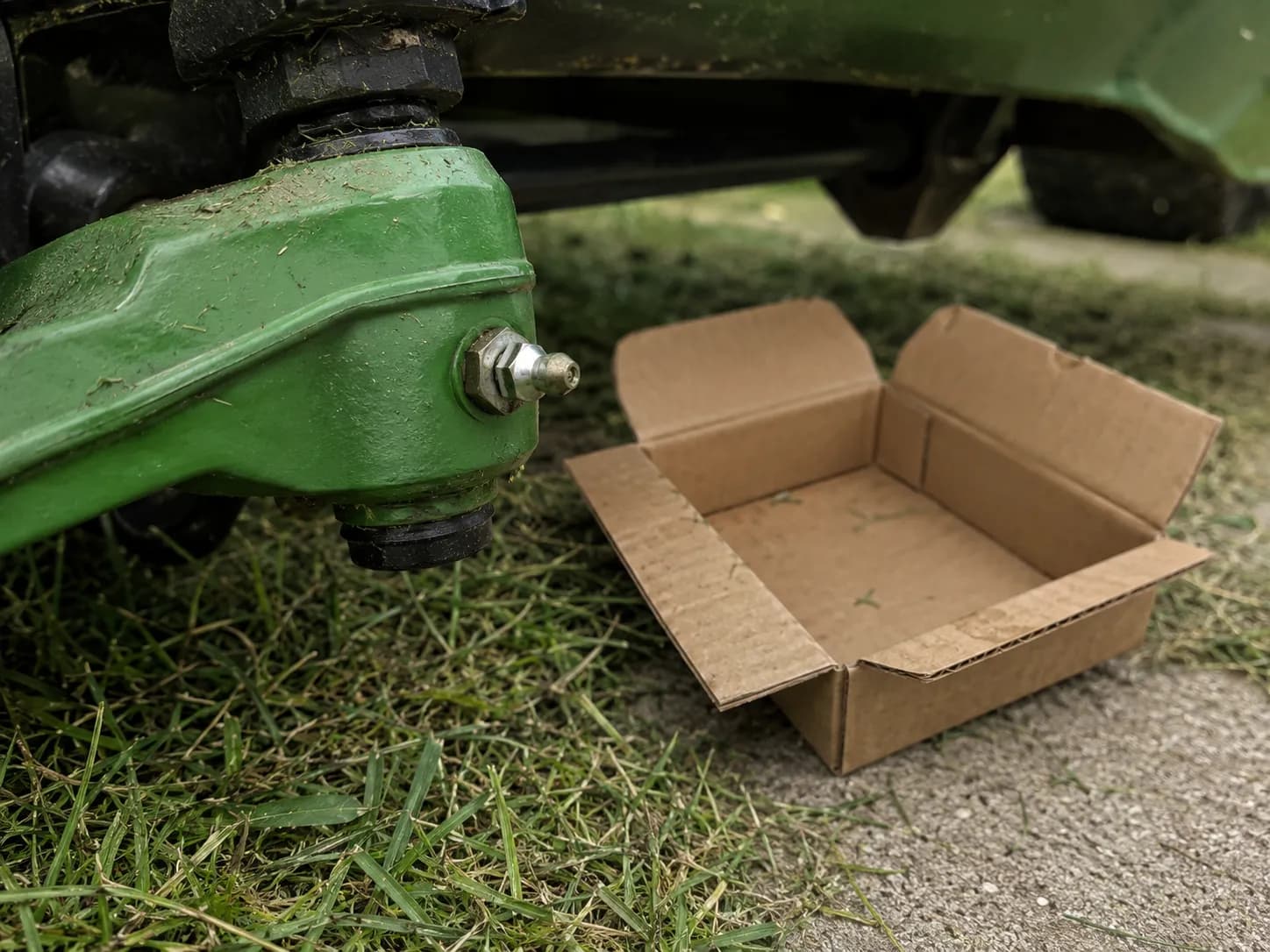 Close-up of a D140 riding mower grease fitting beside an open empty cardboard kit box on grass and concrete, photographed during maintenance on April 4, 2026.