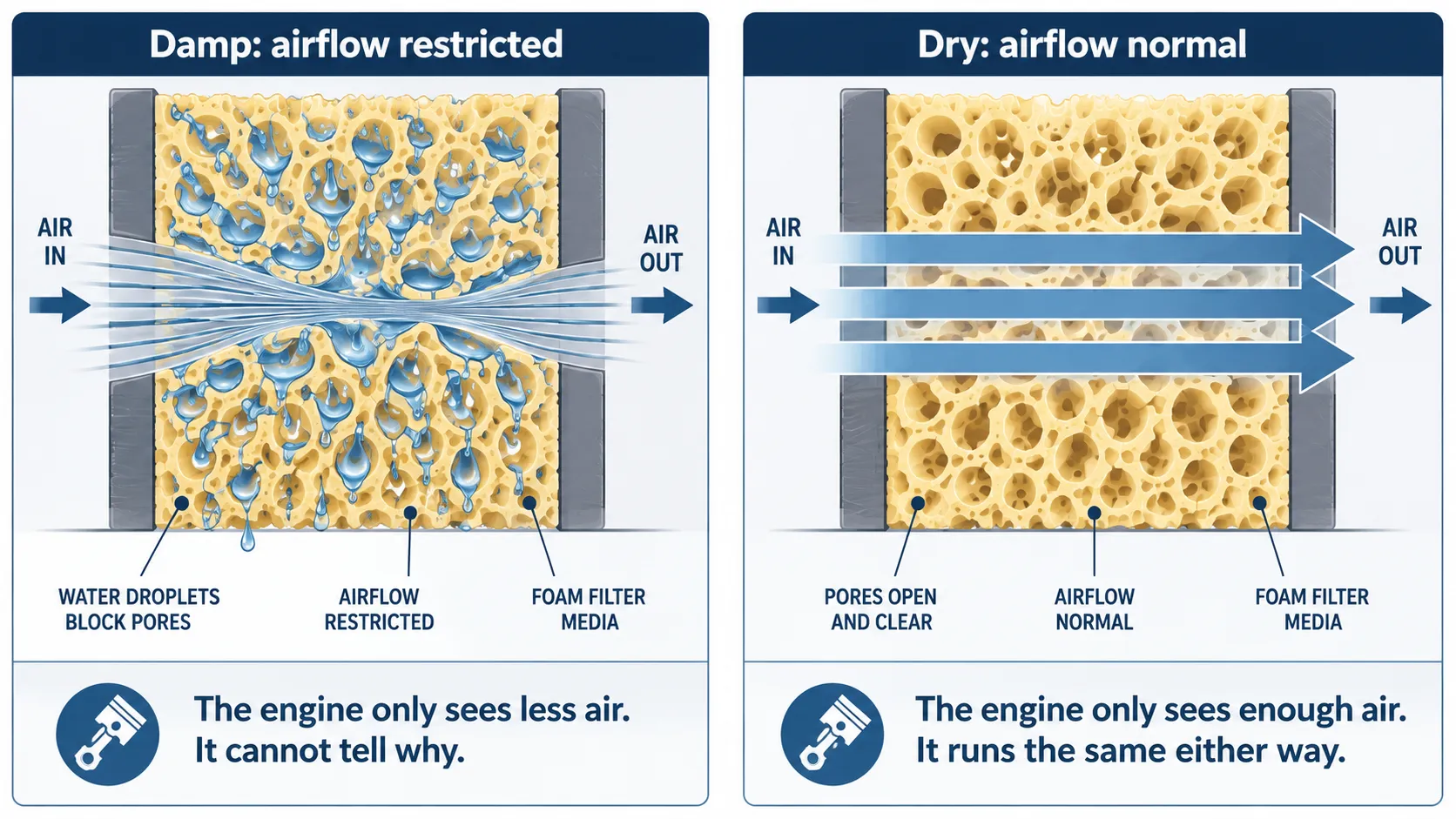 Illustration comparing damp and dry foam air filters, showing water-filled pores restricting airflow while dry, open pores allow normal airflow through the filter.