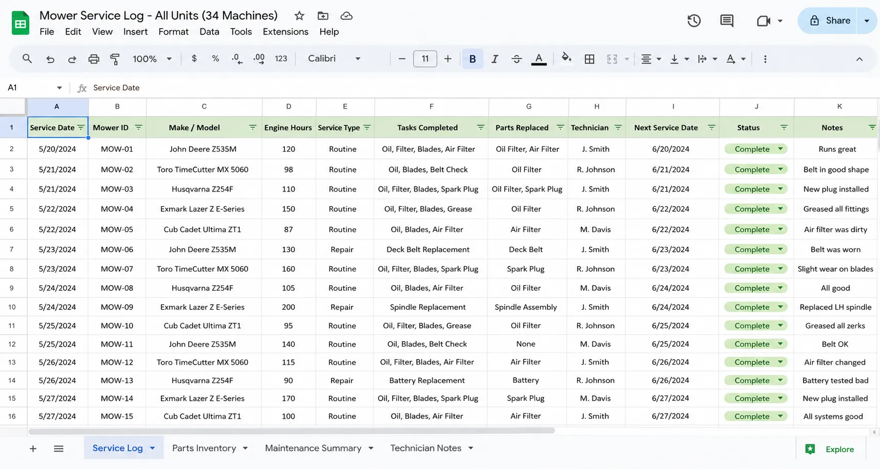 Dated service-log spreadsheet showing maintenance records for 34 lawn mowers, with visible column headers tracking service dates, tasks completed, technician notes, and machine status.