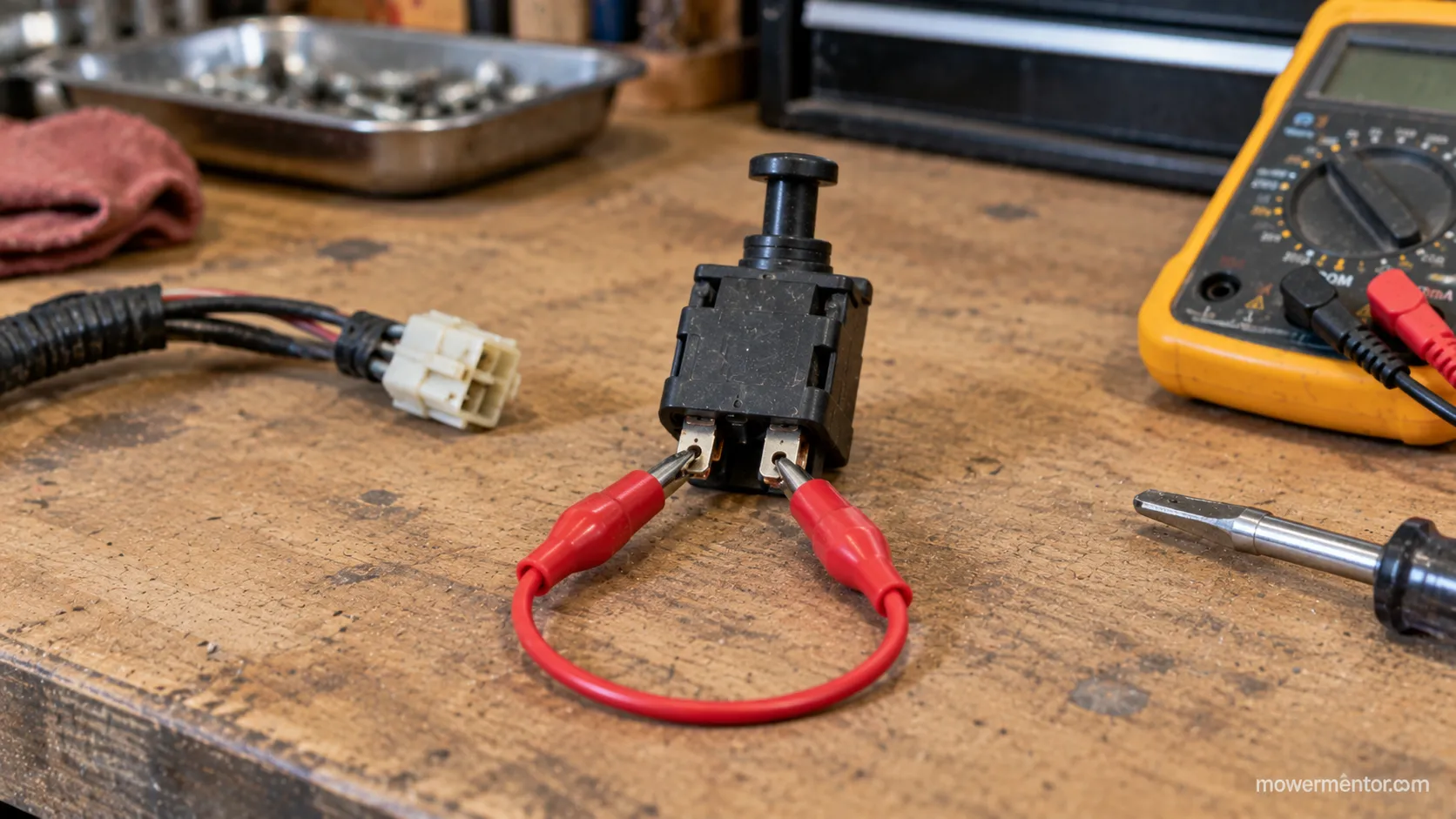 Temporary diagnostic jumper clipped across a disconnected mower brake safety switch on a bench