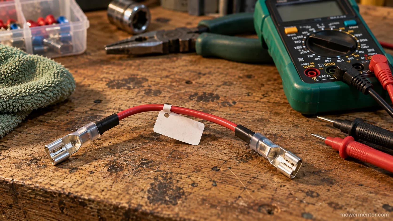 labeled diagnostic jumper wire for testing a riding mower safety switch