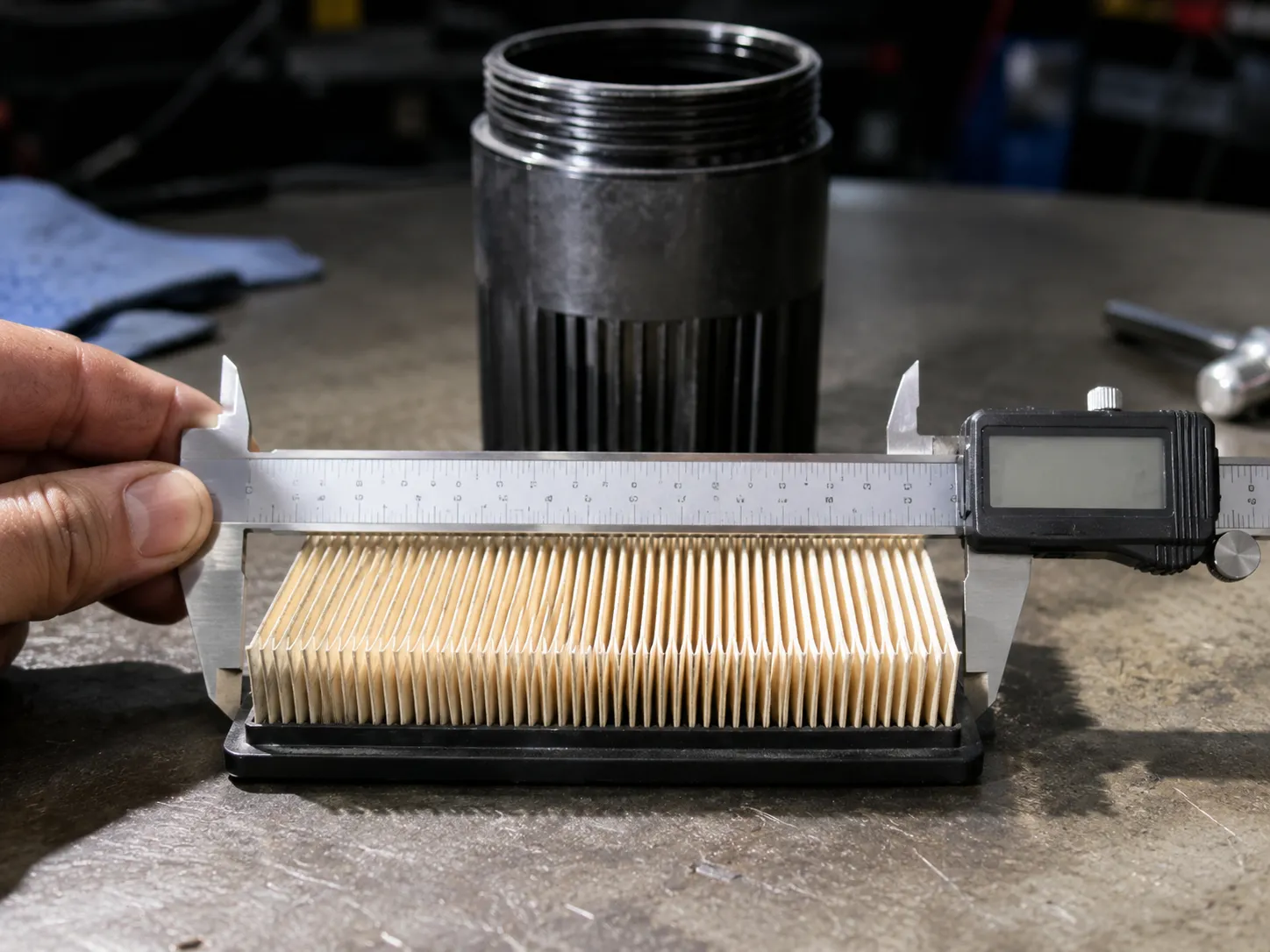 Digital caliper measuring the width of a rectangular pleated air filter with a cylindrical filter canister housing in the background.