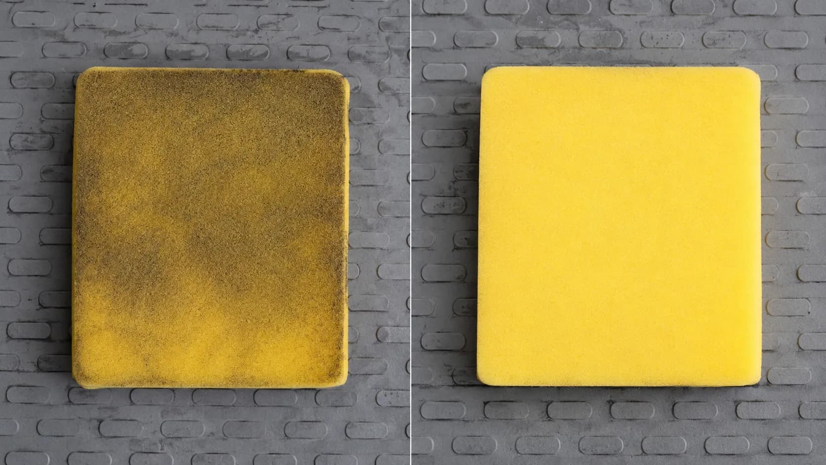 Before-and-after comparison of a lawn mower foam air filter showing a dirty, dust-covered element beside the same filter cleaned and dried on a grey workshop mat.