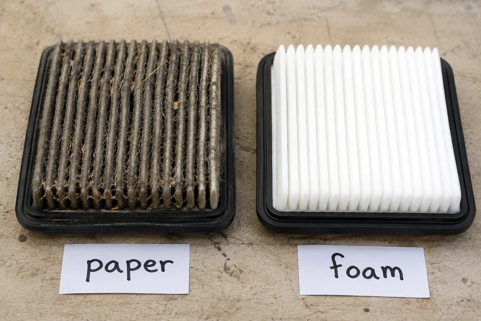 Dirty gray lawn mower air filter beside a clean white air filter labeled paper and foam, showing before-and-after condition for mower maintenance.
