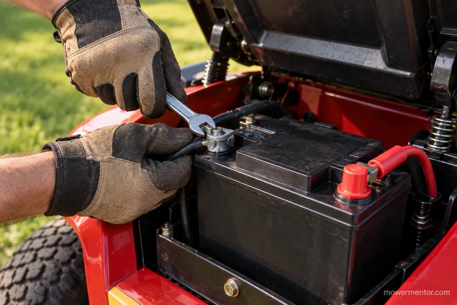 Gloved hands disconnecting the negative terminal on a Cub Cadet riding mower battery