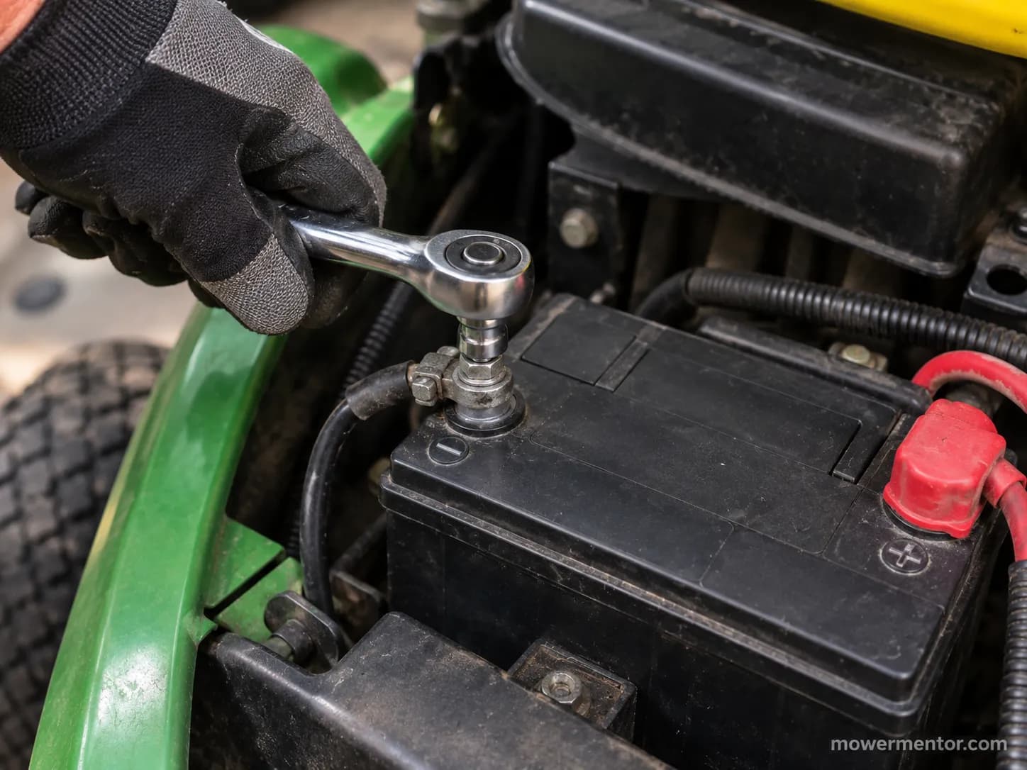 Disconnecting the negative terminal first on a John Deere mower battery