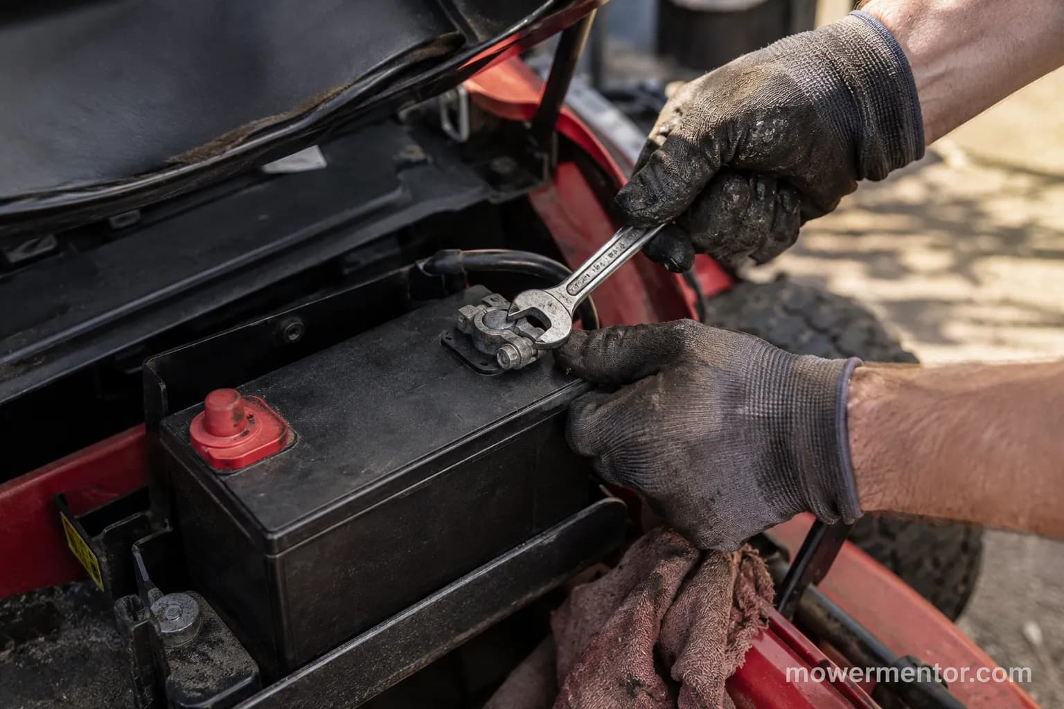 Disconnecting the negative terminal first on a riding lawn mower battery.