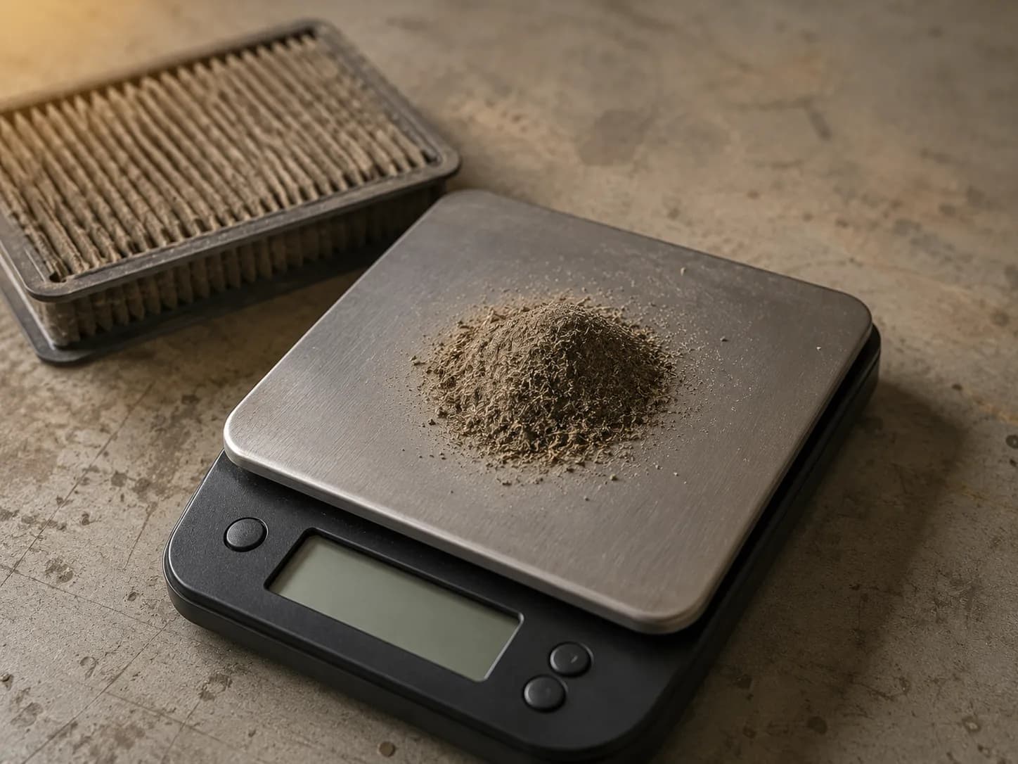 Close-up of dust shaken from a clogged lawn mower air filter resting on a digital scale, with the used pleated filter blurred in the background on a workshop bench.