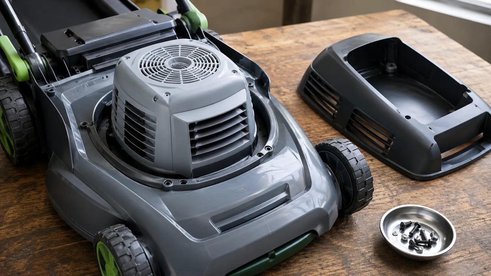 Close-up of an electric lawn mower with the top shroud removed, revealing motor cooling vents on both sides of the housing, showing the airflow areas where grass clippings can accumulate.