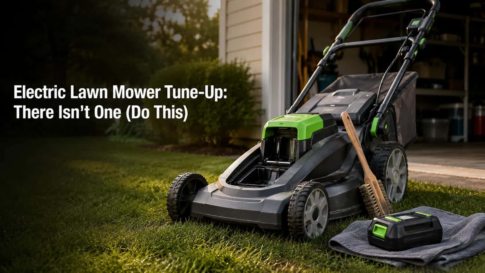 Cordless electric lawn mower parked on grass outside an open garage with the removable battery pack placed on a workshop cloth beside it, illustrating preseason electric mower maintenance.