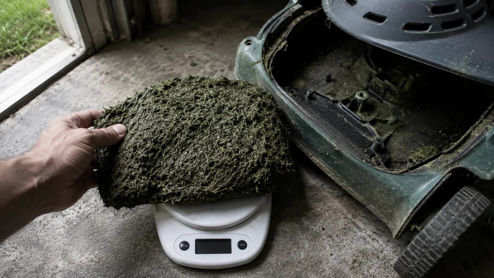 Dense mat of damp grass clippings removed from beneath an electric lawn mower's top shroud after one season, resting on a digital kitchen scale beside the opened mower housing in a garage.
