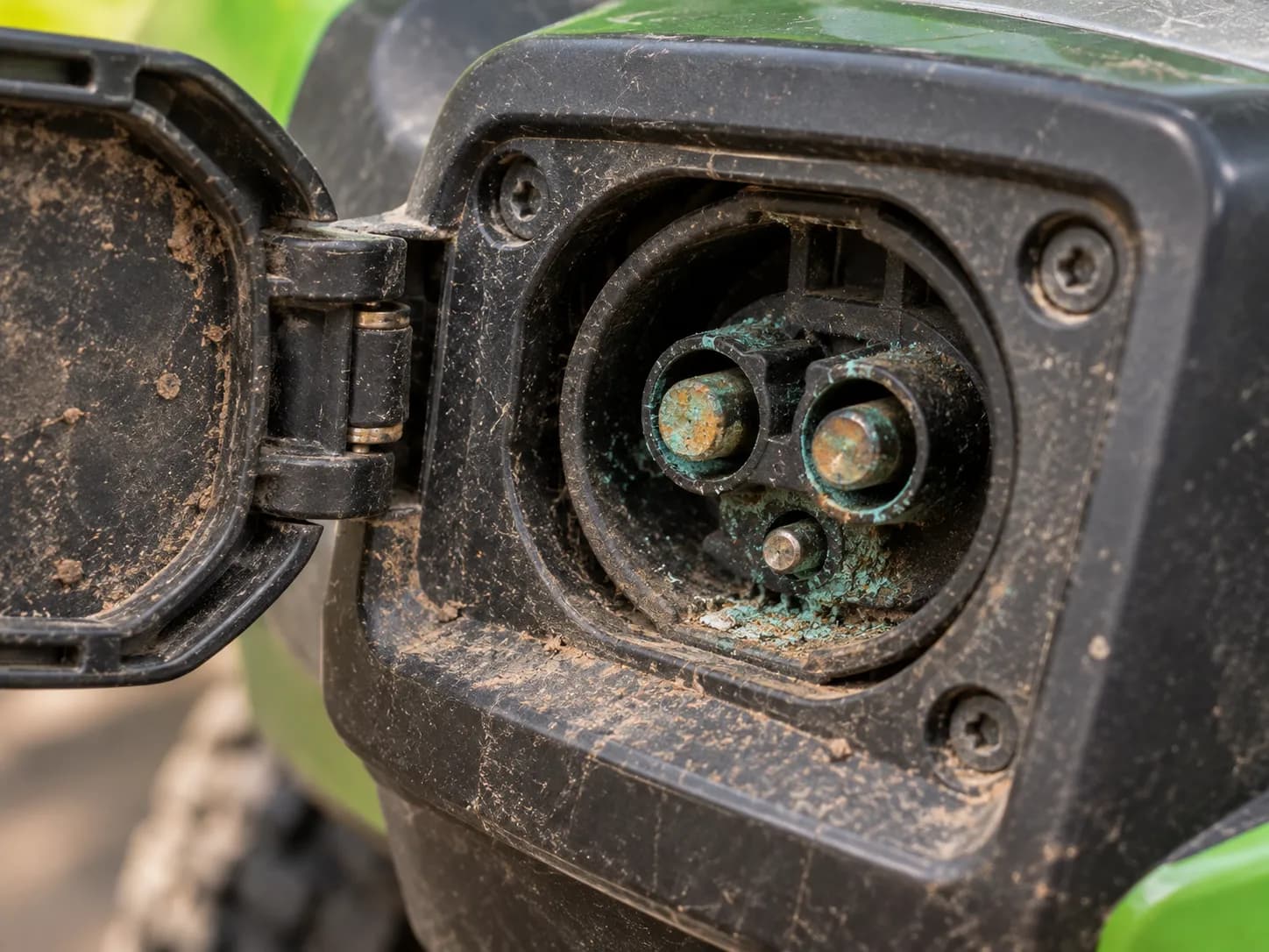 Corroded charge port on an electric riding mower