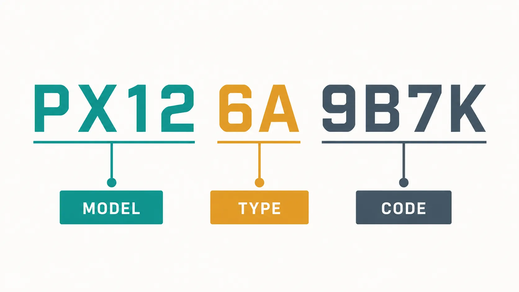 Flat vector diagram showing an engine number split into model, type and code segments with color-coded labels and leader lines, illustrating how engine numbers are structured.