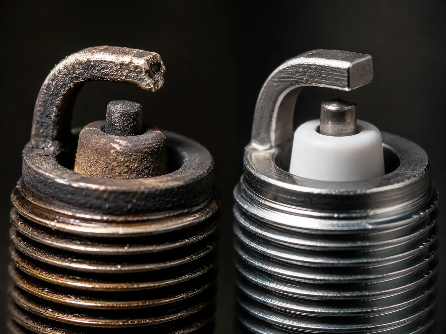 Macro comparison of an eroded lawn mower spark plug ground strap beside a new spark plug, highlighting severe electrode wear, hooked ground strap, and the condition requiring replacement.