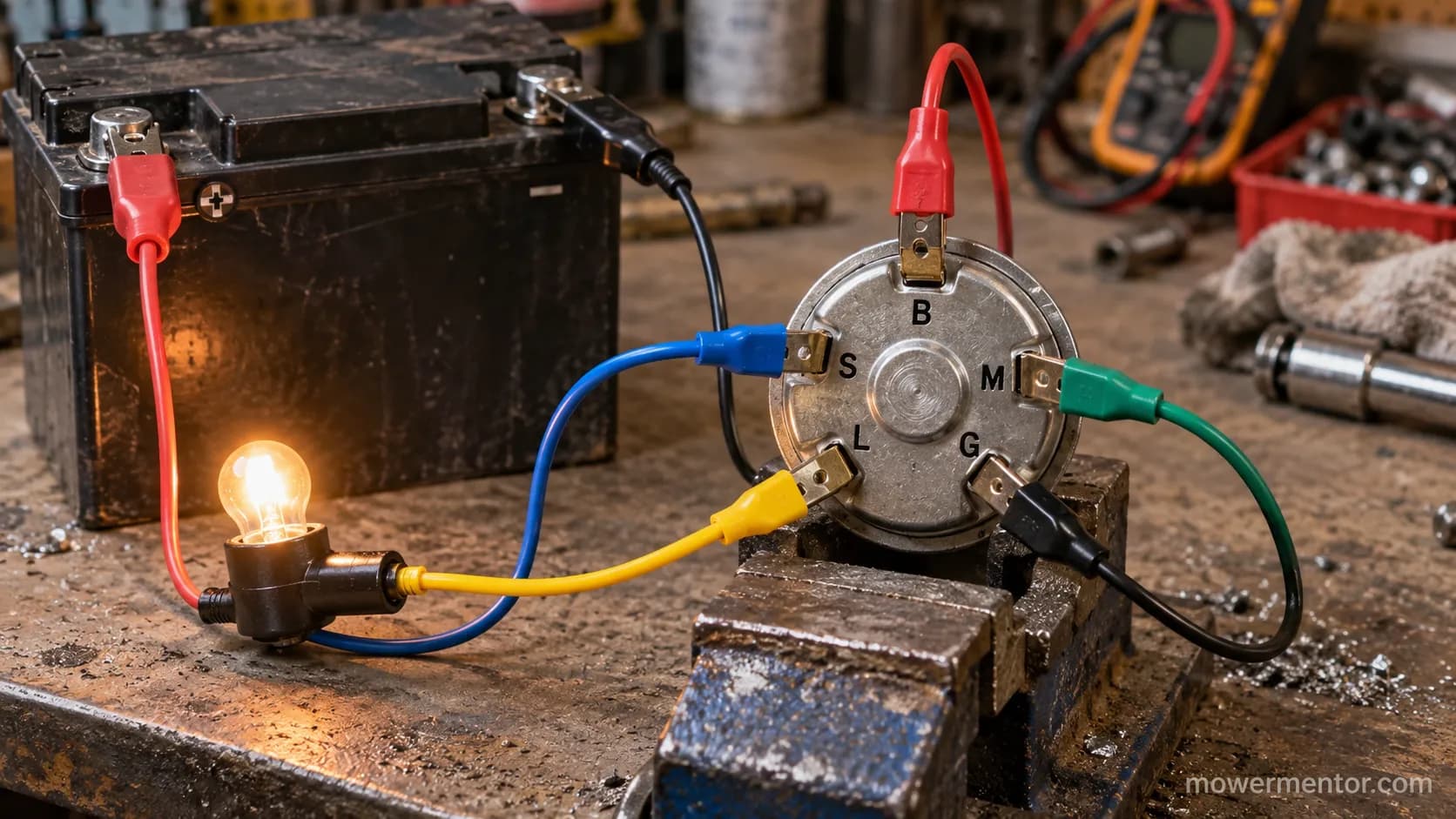 Five prong ignition switch on a bench with labeled jumper leads and a glowing test lamp.