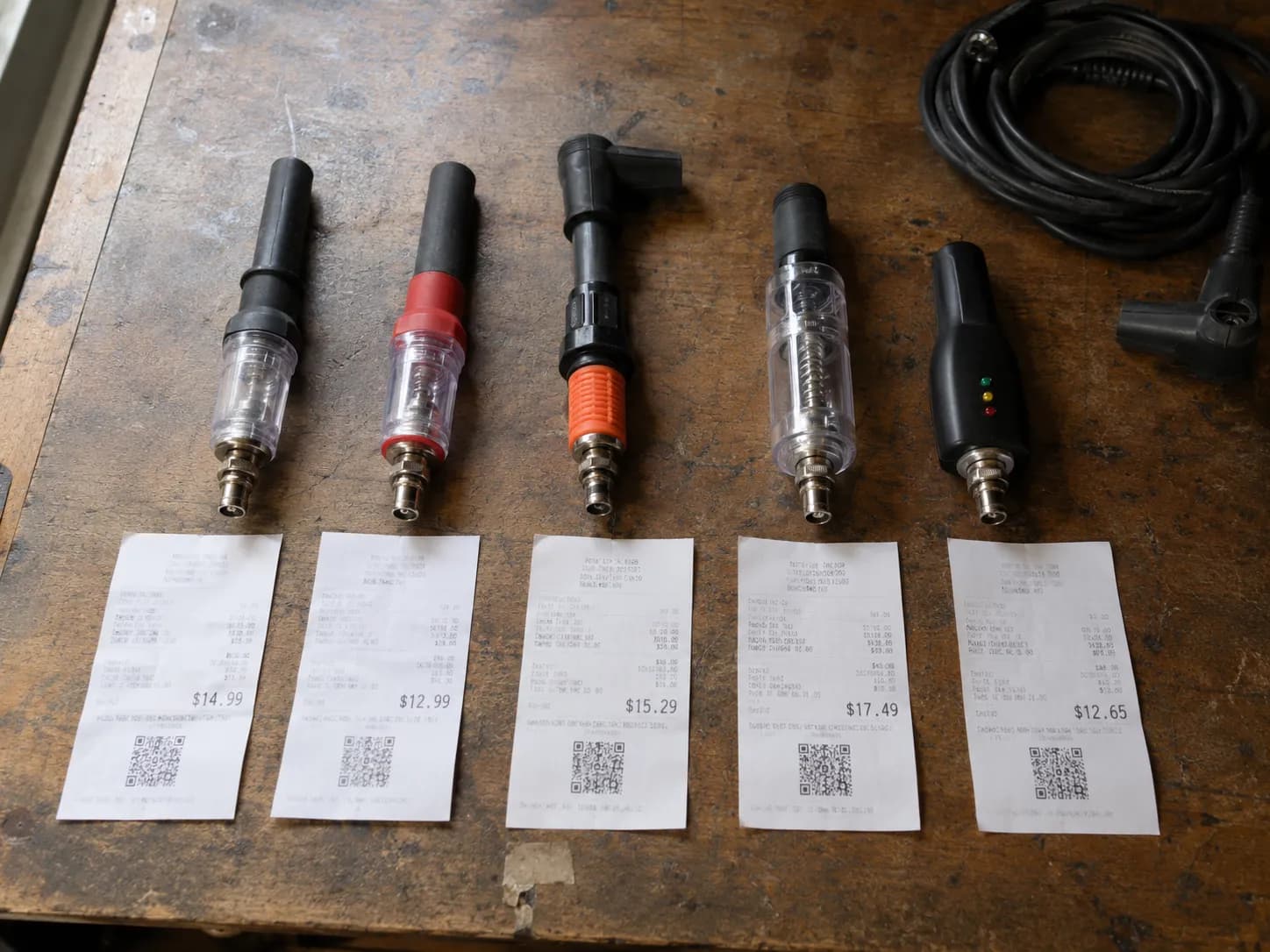 Five spark plug testers arranged on a wooden workbench with purchase receipts beneath them before testing, including straight, right-angle, clear-window, and LED tester designs.