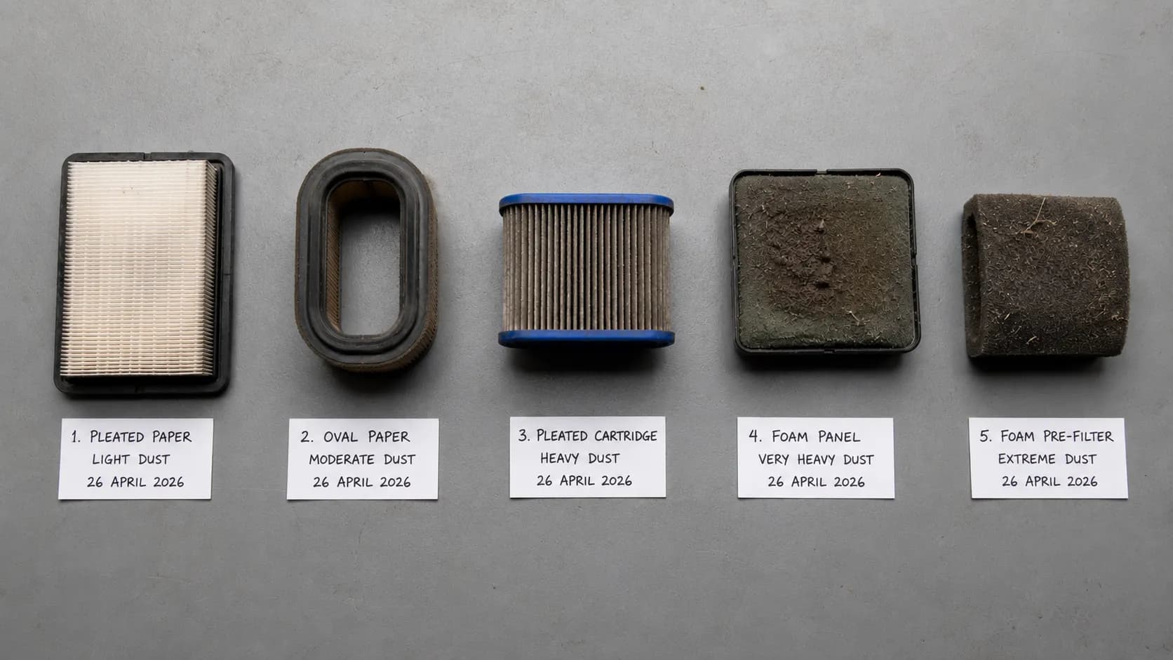 Five used lawn mower air filters of different types arranged on a grey workbench with handwritten labels, showing light to heavy dust loading after comparison testing.