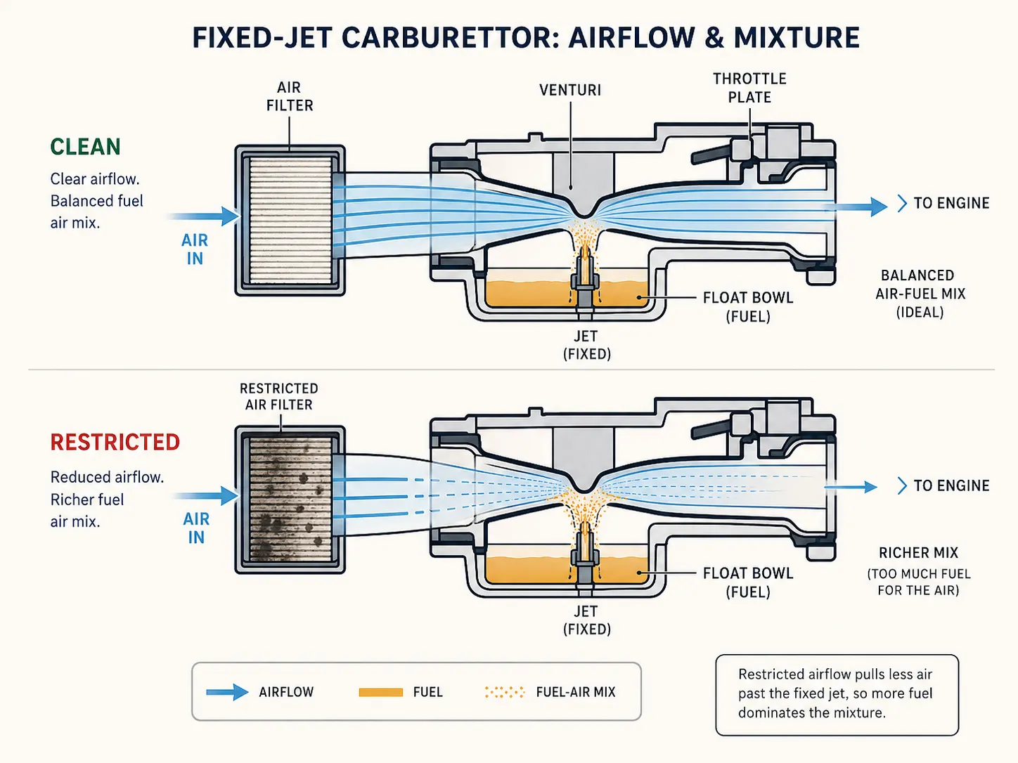Schematic comparing a fixed-jet carburettor with a clean and restricted air filter, showing clear airflow and balanced mixture versus reduced airflow and richer fuel mixture.