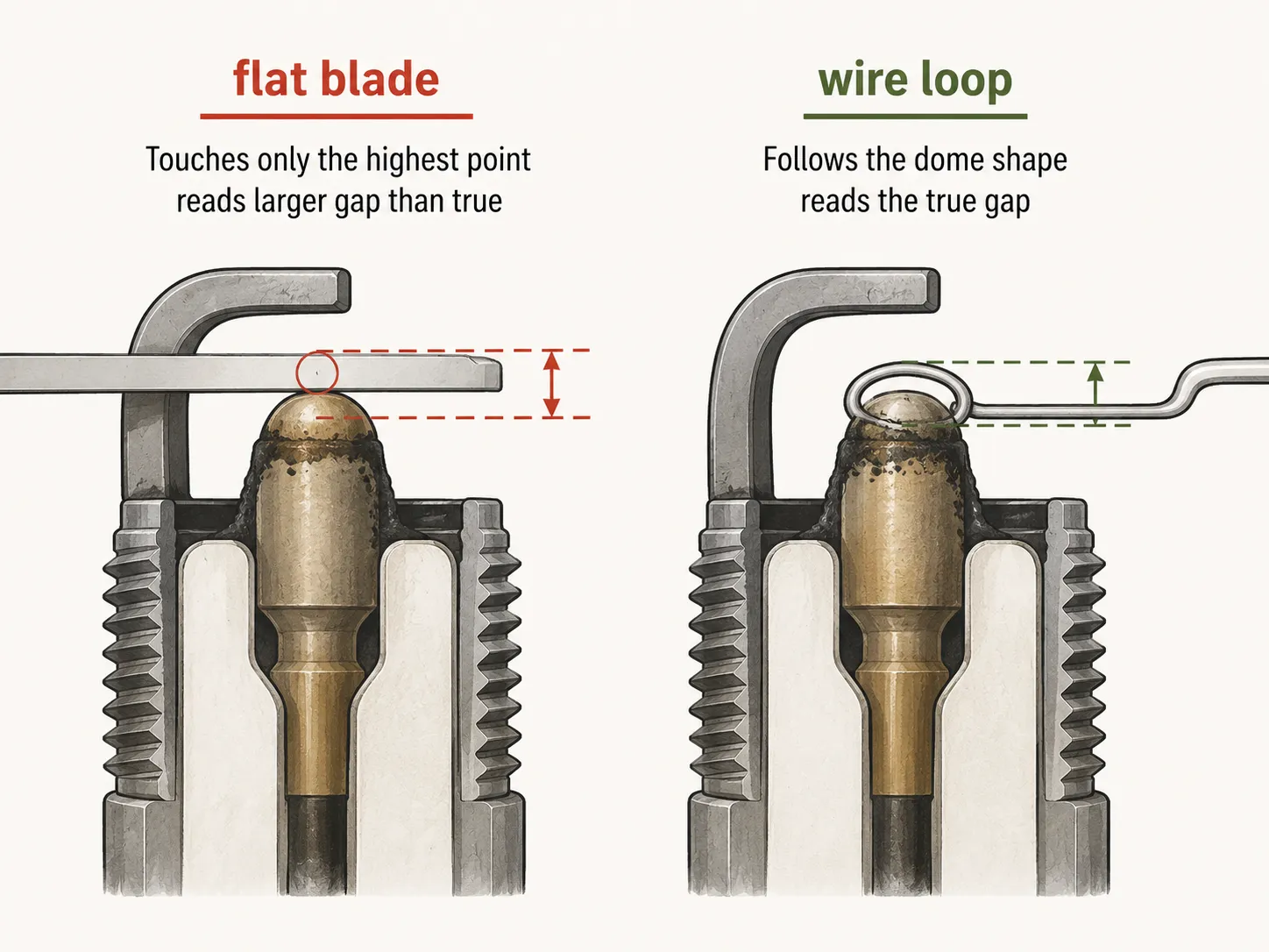 Technical diagram comparing a flat feeler blade and a wire loop measuring a worn dome-shaped spark plug electrode, showing why a wire gauge provides a more accurate gap reading.