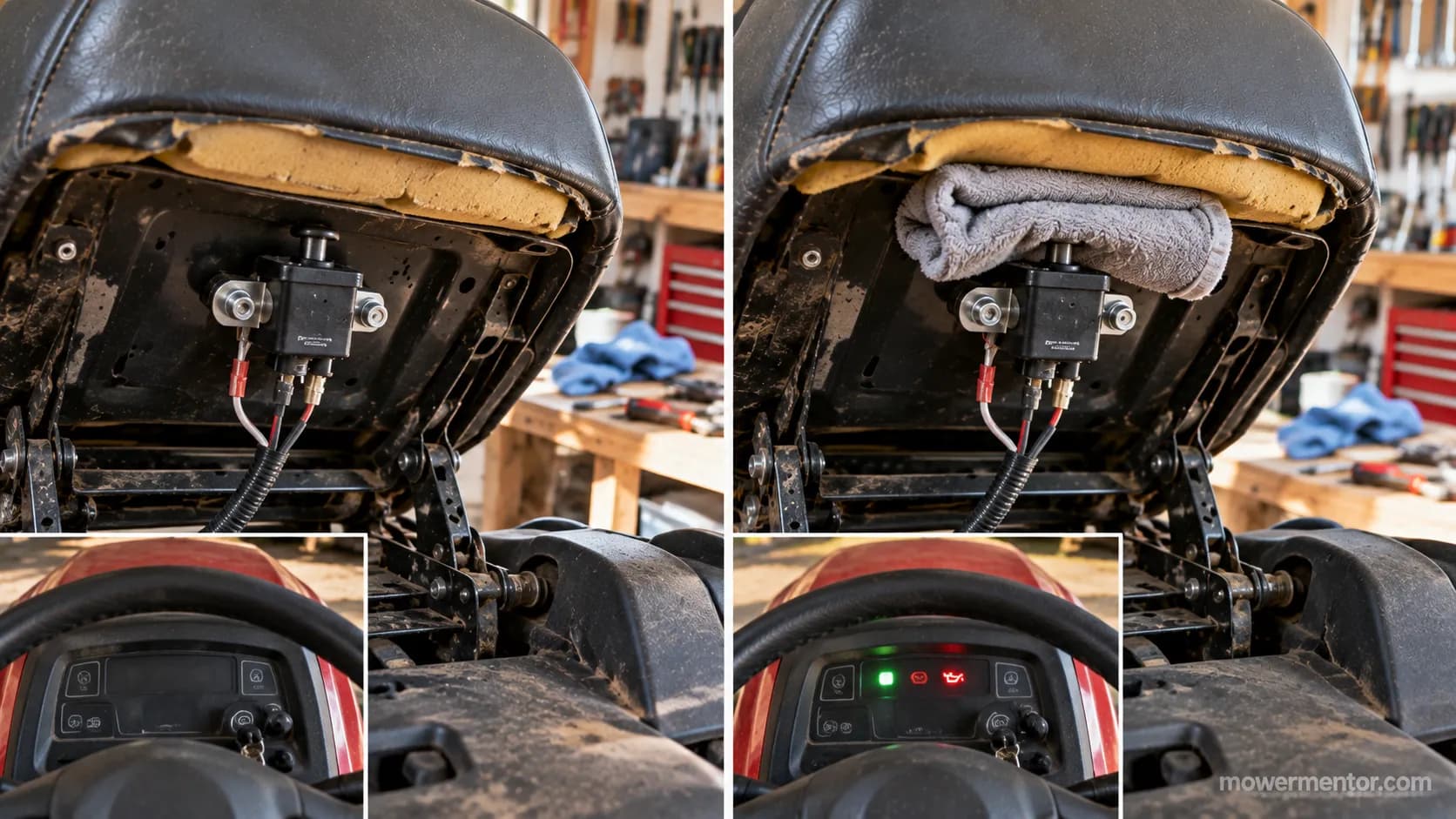 Flattened seat foam preventing the seat safety switch from engaging on a riding mower
